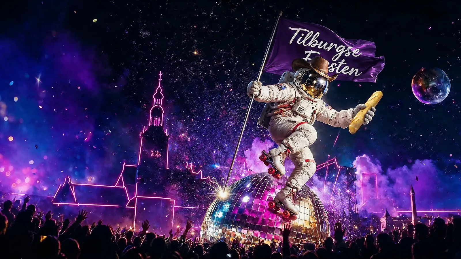 Astronaut met cowboyhoed op zijn helm, een paarse vlag met het opschrift Tilburgse Feesten in de ene hand en een stokbrood in de andere, op rolschaatsen balancerend op een reuzendiscobal boven een juichende menigte in de Tilburgse binnenstad.